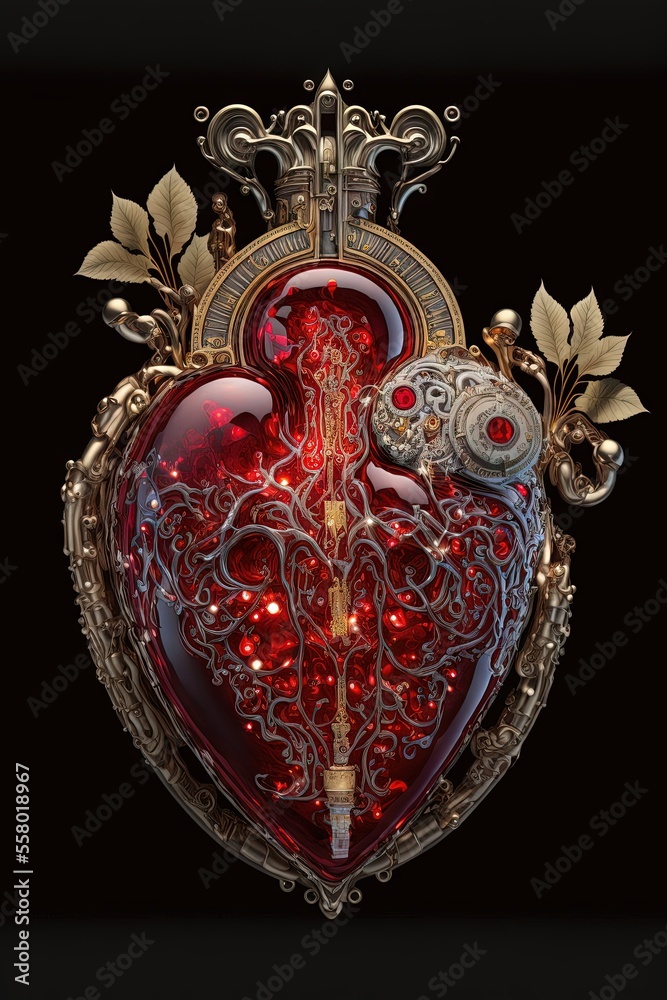 Red Glassy Gilded Mechanical Cyborg Heart, Machine Learning Generated ...