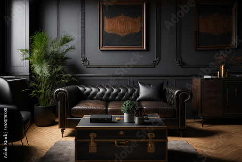 Interior of a black living room with a wooden floor, leather sofas, a chest of drawers, and a coffee table in the center. one that is horizontal. a mockup. Generative AI © 2rogan