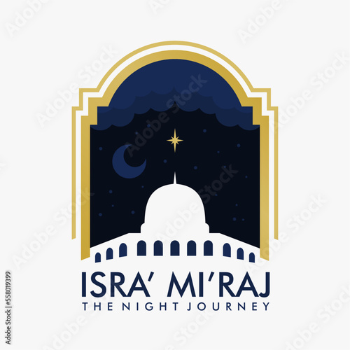 flat isra miraj banner with mosque and night sky ornament