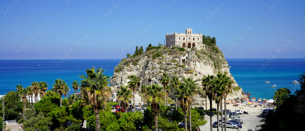 Monastery of Santa Maria dell'Isola in Tropea, Calabria, Italy. Panoramic banner view of Tropea cityscape.