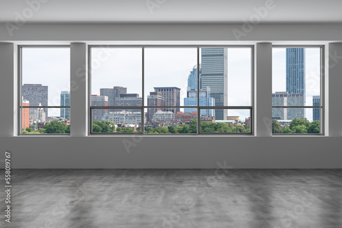 Panoramic picturesque city view of Boston at day time from modern empty room, Massachusetts. An intellectual, technological and political center. 3d rendering. © VideoFlow