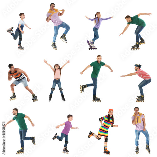 Photos of people with roller skates on white background, collage design