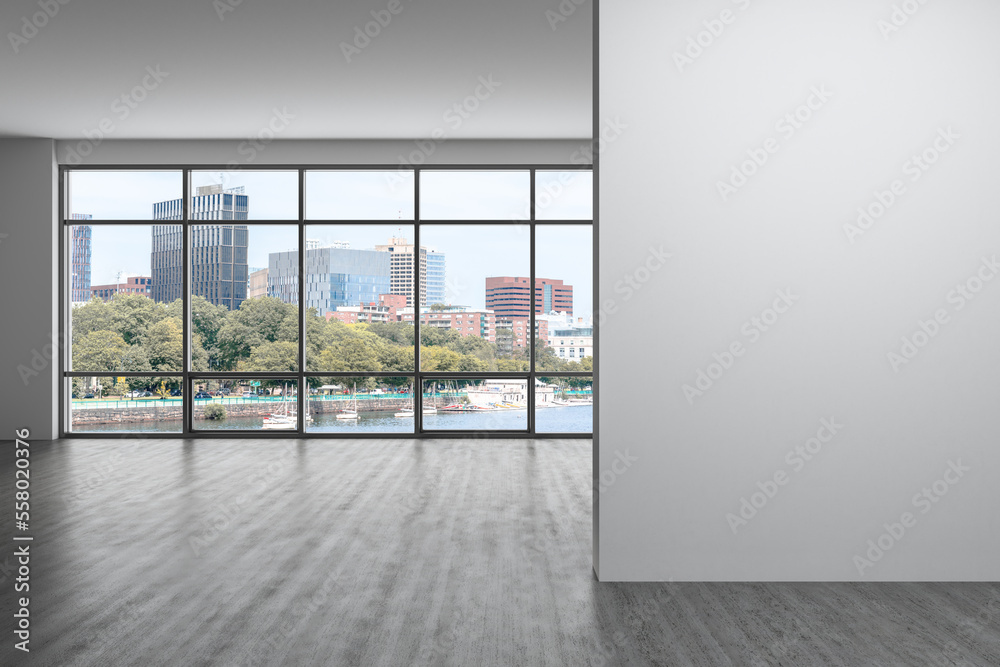 Panoramic picturesque city view of Boston at day time from modern empty room, Massachusetts. An intellectual and political center. Mockup copy space empty wall. Display concept. 3d rendering. Panoramic picturesque city view of Boston at day time from modern empty room, Massachusetts. An intellectual and political center. Mockup copy space empty wall. Display concept. 3d rendering.