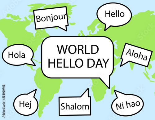 World Hello Day. Speech bubbles with greetings in different languages and map. Illustration