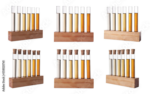 Test tubes with brown liquid on white background, collage