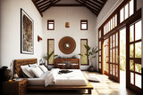 A cozy Balinese style residence with bright white walls and bamboo furniture. a room with plenty of windows, a bed with a headboard, and. Generative AI