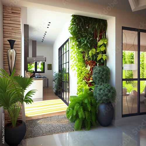 Architectural rendering of a modern bright upscale home with plants.