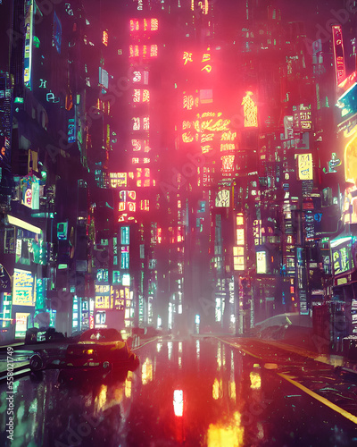 rainy foggy cyberpunk city neo tokyo  cinematic lighting  reflections billboards and advertisement signs at modern buildings in capital city with light reflection from puddles on street