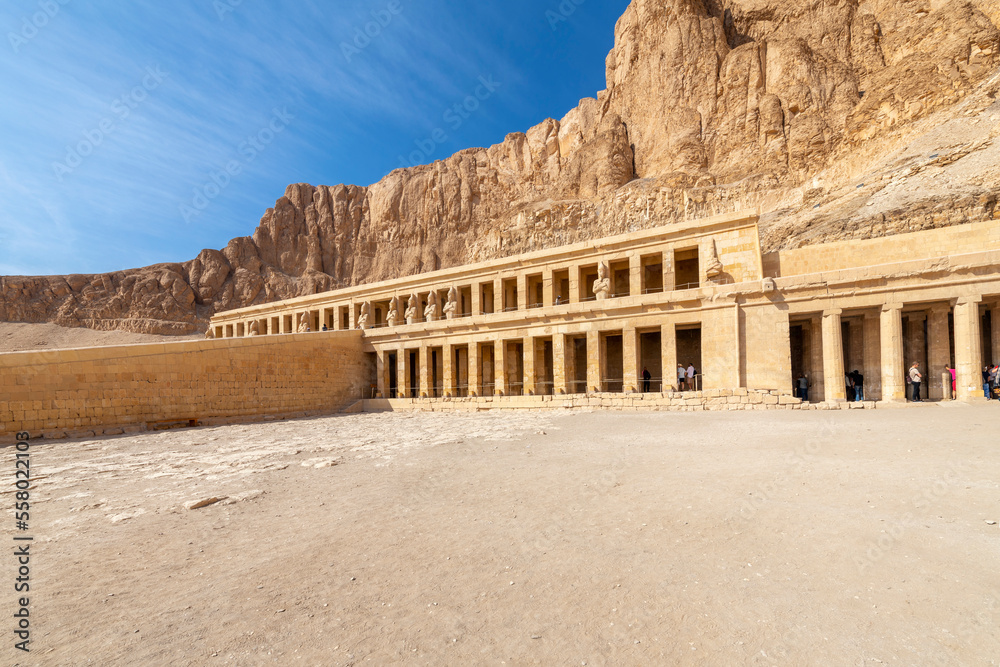 Front angle view of the Queen Hatshepsut Mortuary Temple in the Valley of the Kings, on the West Bank of the Nil River in Luxor Egypt.