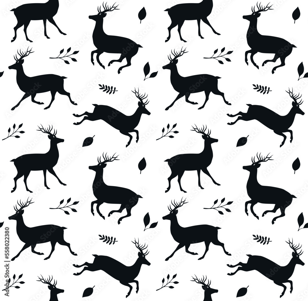 Vector seamless pattern of flat hand drawn deer and leaves silhouette isolated on white background