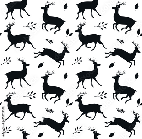 Vector seamless pattern of flat hand drawn deer and leaves silhouette isolated on white background