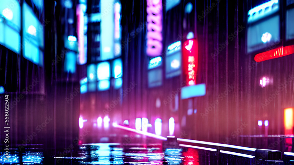 rainy foggy cyberpunk city neo tokyo, cinematic lighting, reflections billboards and advertisement signs at modern buildings in capital city with light reflection from puddles on street