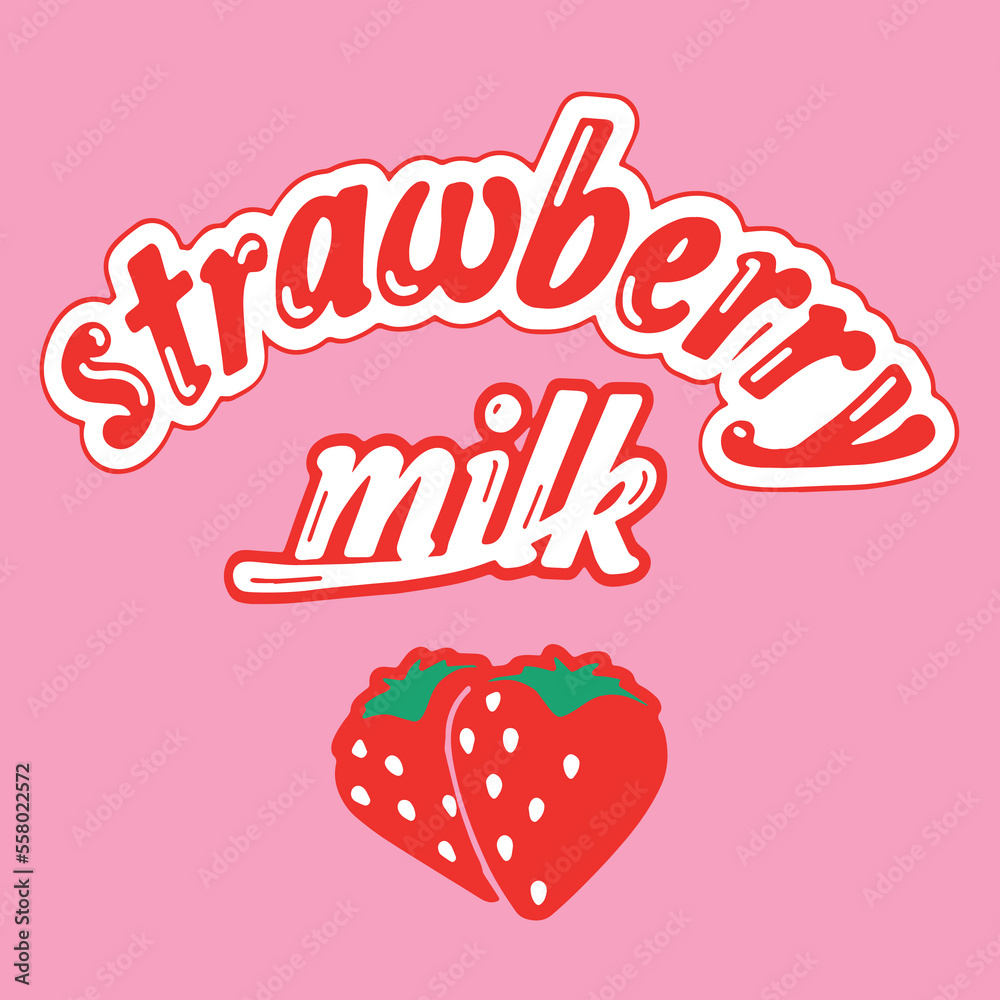 Vector design of two strawberries, that says strawberry milk. Lettering, designs for clothes, mugs, posts, logos, wallpapers, and others. Print cut file