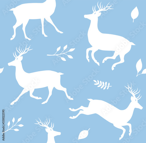 Vector seamless pattern of flat hand drawn deer and leaves silhouette isolated on blue background