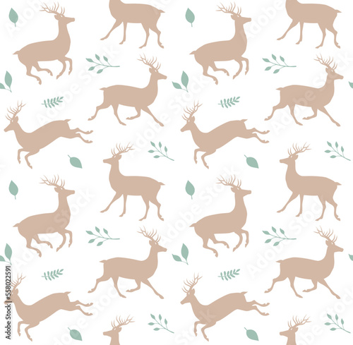 Vector seamless pattern of flat hand drawn deer and leaves silhouette isolated on white background