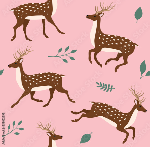 Vector seamless pattern of flat hand drawn deer and leaves isolated on pink background