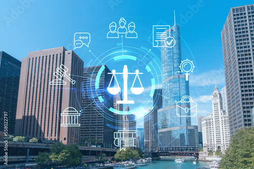 Panorama cityscape of Chicago downtown and Riverwalk, boardwalk with bridges at day time, Illinois, USA. Glowing hologram legal icons. The concept of law, order, regulations and digital justice