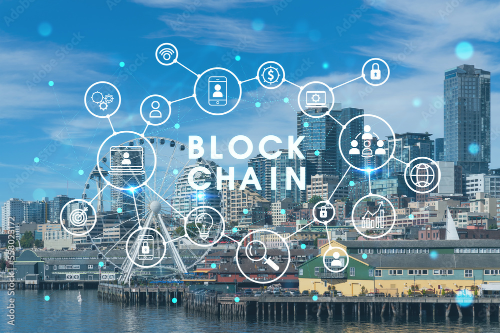 Seattle skyline with waterfront view. Skyscrapers of financial downtown at day time, Washington, USA. Decentralized economy. Blockchain, cryptography and cryptocurrency concept, hologram Seattle skyline with waterfront view. Skyscrapers of financial downtown at day time, Washington, USA. Decentralized economy. Blockchain, cryptography and cryptocurrency concept, hologram