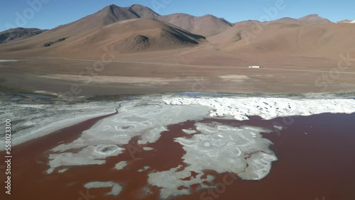 Laguna Colorada Bolivia, Red Colored Shallow Salt Lake Water, Aerial Drone Above Andean Cordillera Lagoon, Bolivian Travel Destination photo