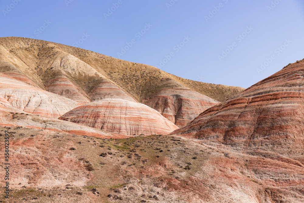 Mountains with red stripes. Khizi region. Azerbaijan.
