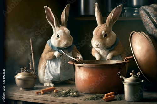 depiction of rabbits engaging in cooking, illustrating the idea that the Year of the Rabbit is a time for productivity and accomplishment (AI Generated)