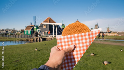 Photography Stroopwafel in Zaanse Schans - typical Dutch food - two circular pieces of waffl