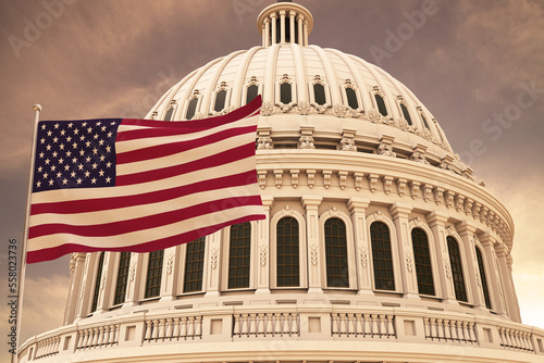 Beautiful flag of the United States of America waving with the strong wind and behind it the dome of the Capitol USA 3D RENDER, 3D RENDERING..