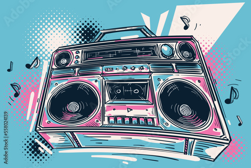 Music design - hand drawn colorful boom box tape recorder and musical notes