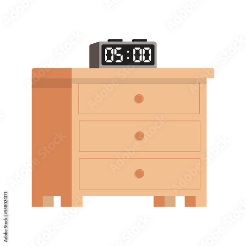 Digital Alarm Displaying 05:00 or 5 pm on a Drawer. Flat. Vector. Illustration