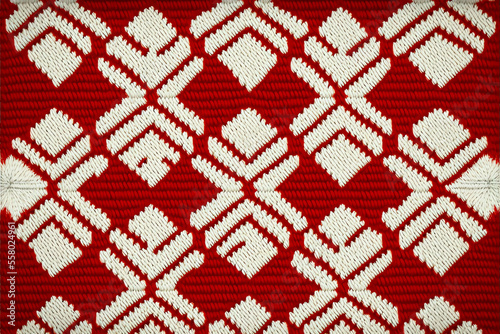 Closeup of Red and White Knit Pattern Design, Sweater Material, Macro, Crochet, Yarn Texture, Background, Banner, Wallpaper, Generative AI
