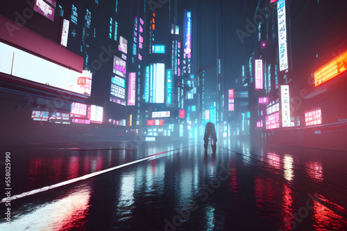 rainy foggy cyberpunk city neo tokyo  cinematic lighting  reflections  hyperrealistic  focused  high details  unreal engine 5  cinematic  octane render  ray tracing  landscape night