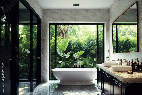 The contemporary, opulent bathroom has a view of a tropical garden and features a marble floor, copper framed mirror, and wide windows that look out onto the outdoors. Generative AI © 2rogan