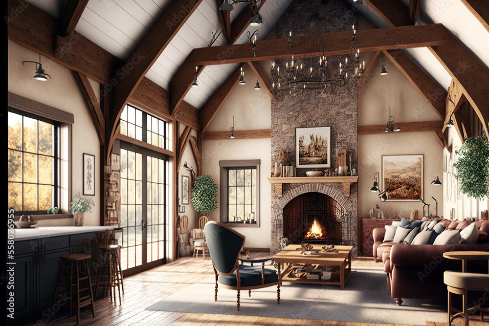 Fototapeta premium a sizable great room with an open concept, a fireplace, and wooden beams. Generative AI