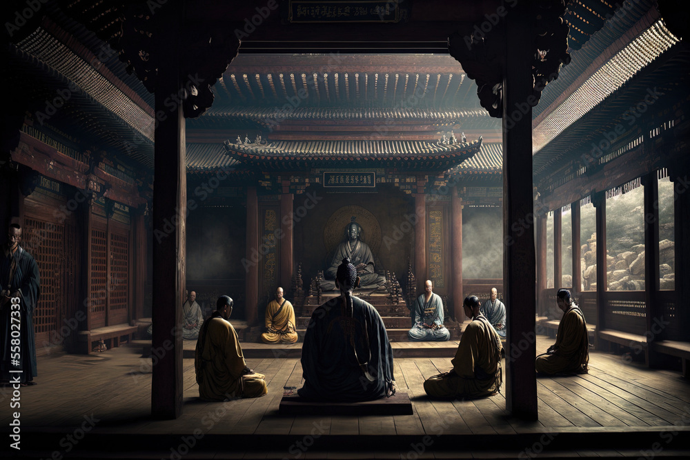 Buddhists are seen meditating and praying inside Bongeunsa Temple in Seoul, South Korea, on May 10, 2014. Generative AI