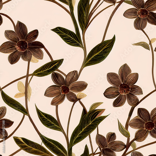 Seamless Repeating Floral Tiling Pattern with Flowers, Steams, and Leaves on a Solid Background (AI)
