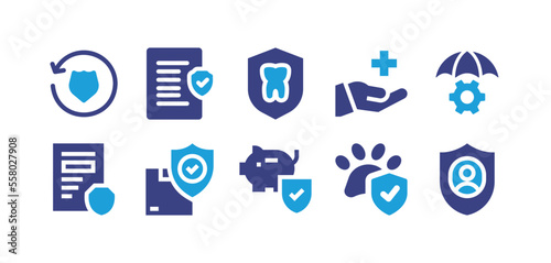 Insurance icon set. Duotone color. Vector illustration. Containing refresh, legal document, dental insurance, health insurance, crisis management, warranty, security, piggy bank, protection, customer.