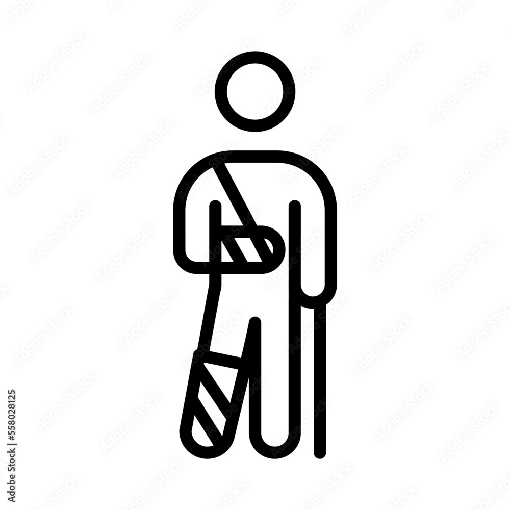 Icono de persona herida. Hombre con brazo y pierna rotos en yeso ...