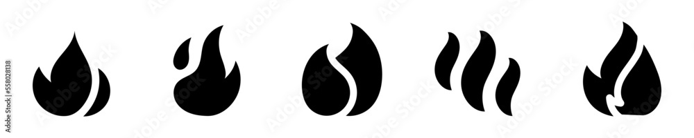 Conjunto de iconos de llama de fuego. Hoguera, llama ardiente estilo silueta negro. Ilustración vectorial