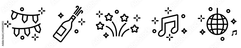 Conjunto de iconos de fiesta y celebración. Cumpleaños, champagne, pirotecnia, música, discoteca. Ilustración vectorial Conjunto de iconos de fiesta y celebración. Cumpleaños, champagne, pirotecnia, música, discoteca. Ilustración vectorial