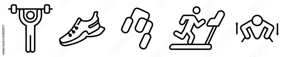Conjunto de iconos de deporte y fitness. Gimnasio, aptitud física, entrenamiento muscular. Ilustración vectorial Conjunto de iconos de deporte y fitness. Gimnasio, aptitud física, entrenamiento muscular. Ilustración vectorial