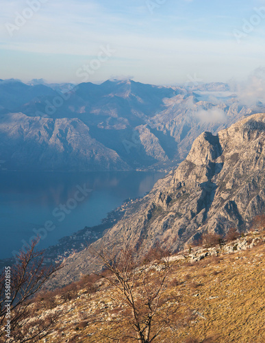 The Bay of Kotor, Beautiful aerial view of Boka Kotorska, with Kotor, Herceg Novi and Tivat municipalities in a sunny day, Adriatic sea and Dinaric Alps with Lovcen and Orjen mountains, Montenegro