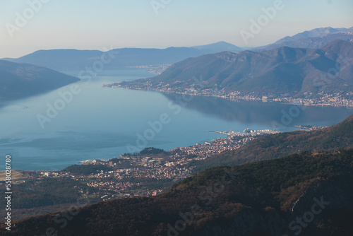 The Bay of Kotor, Beautiful aerial view of Boka Kotorska, with Kotor, Herceg Novi and Tivat municipalities in a sunny day, Adriatic sea and Dinaric Alps with Lovcen and Orjen mountains, Montenegro © tsuguliev