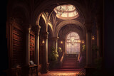the library's ancient, opulent hall. Beautiful ceremony space with columns and arched ceilings, illumination inside, and exquisite vintage furnishings. Generative AI