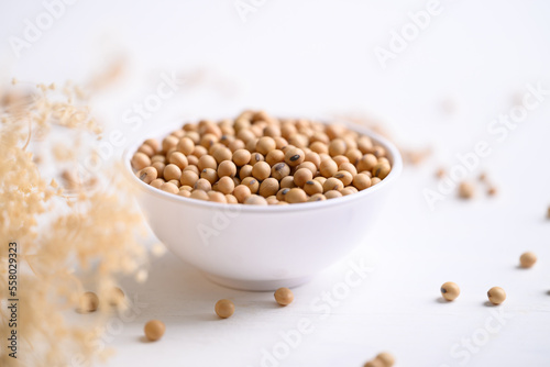 Soybean seeds in bowl, food ingredients high protein good for vegetarian and vegan