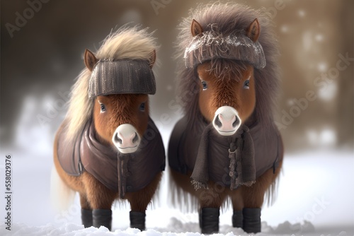 Fototapeta Funny miniature shetland breed ponies wearing hat and coat in the snow