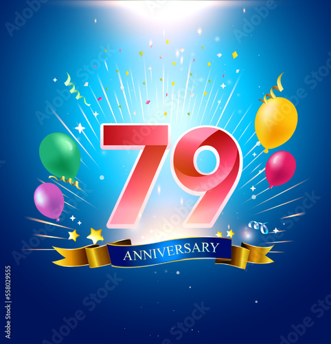 79 Anniversary with balloon  confetti  and blue background