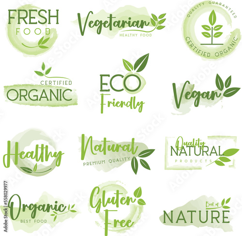 Organic food, natural product and healthy life logo, stickers and badges.