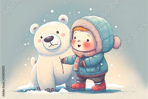 A eskimo kid playing with a cute polar bear wearing winter outfits. photo