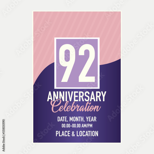 Vector 92nd years anniversary vector invitation card. template of invitational for print design. 
