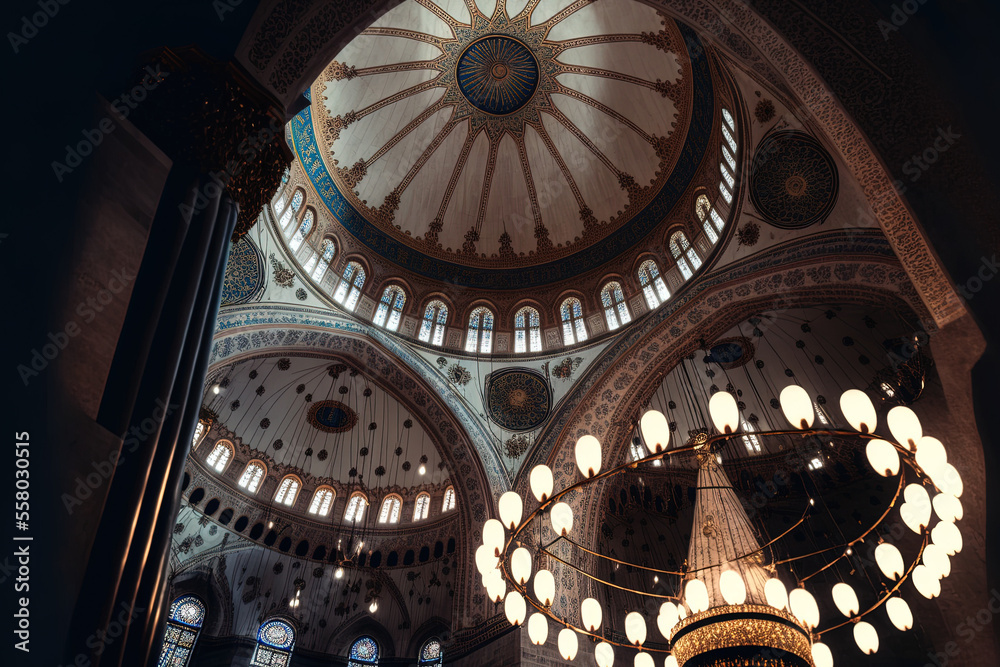 ISTANBUL, TURKEY DECEMBER 10 2018 The interior and exterior of Istanbul's Blue Mosque (also known as the Sultan Ahmed Mosque). Generative AI